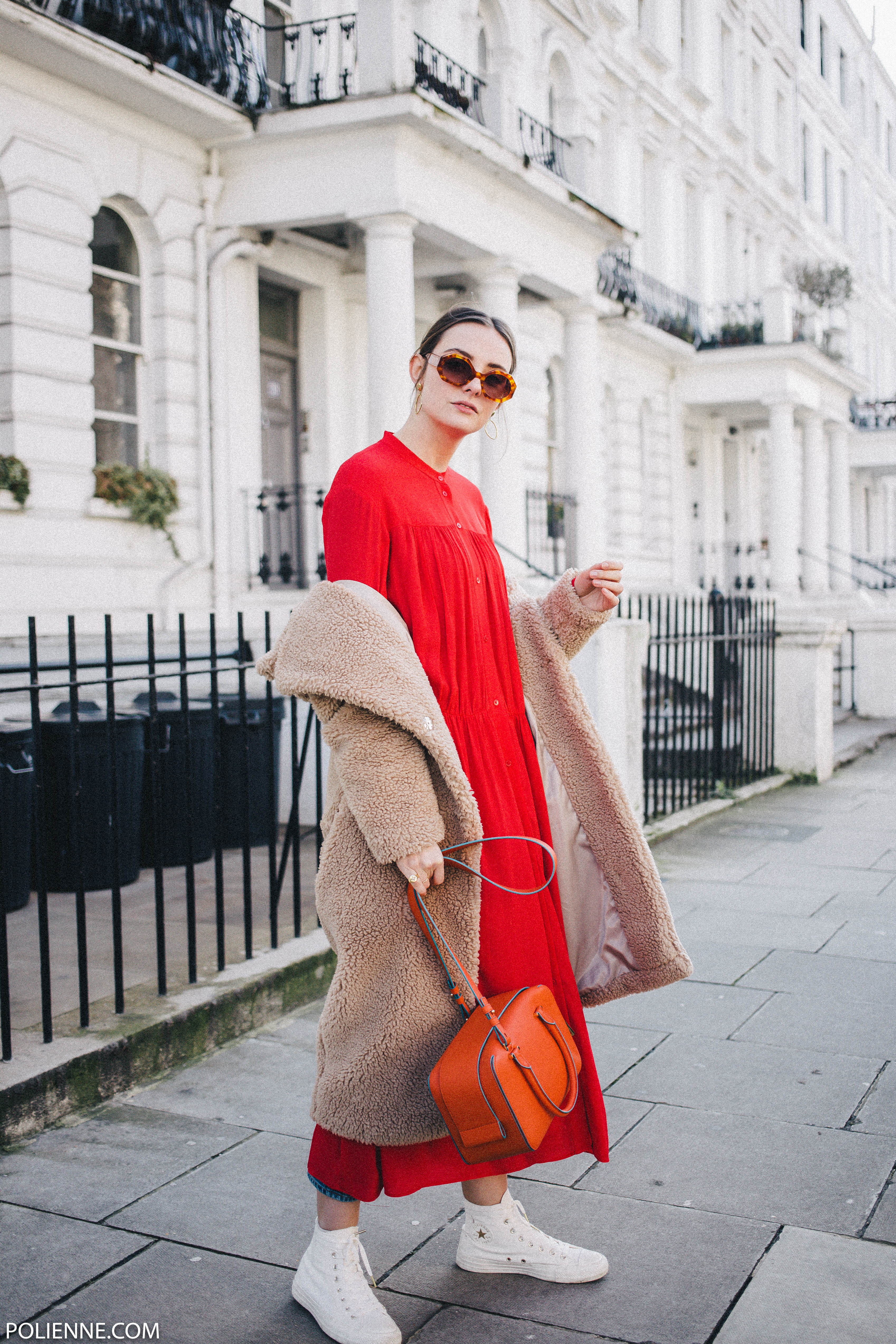 red dress with sneakers